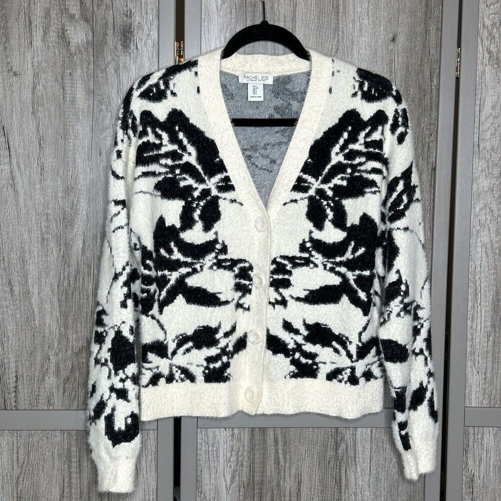 Rachel Zoe Cardigan Size S Fuzzy V Neck Button Down White Black Floral